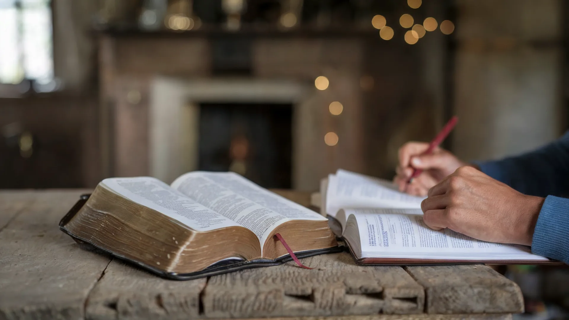 Open Bible beside a notebook during personal Bible study