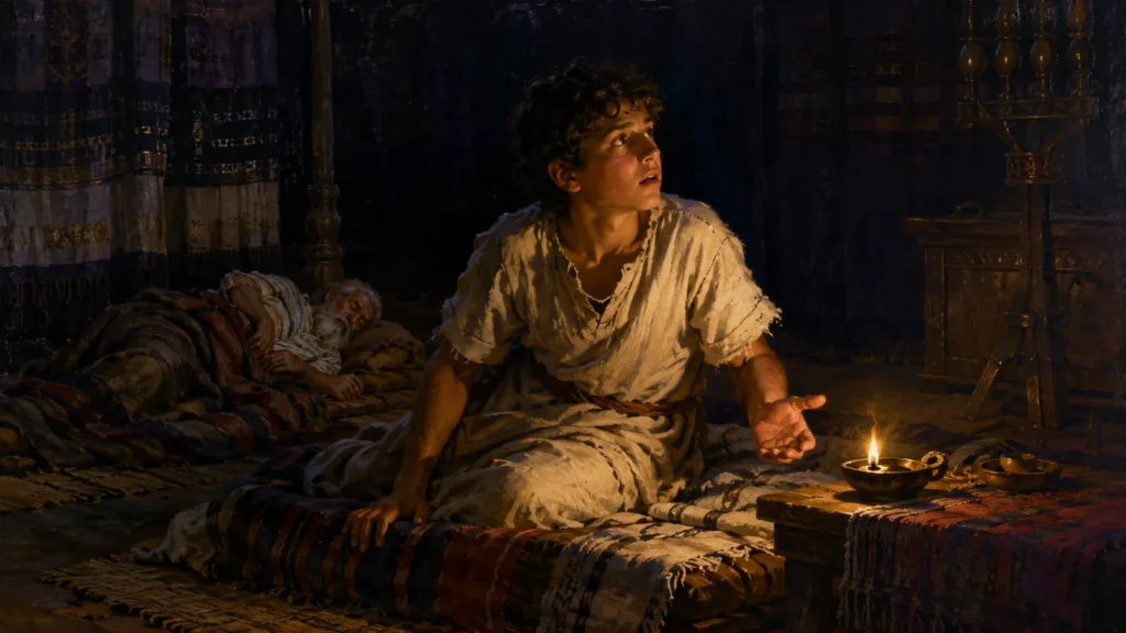 Young Samuel rises and listens as the LORD calls him at Shiloh