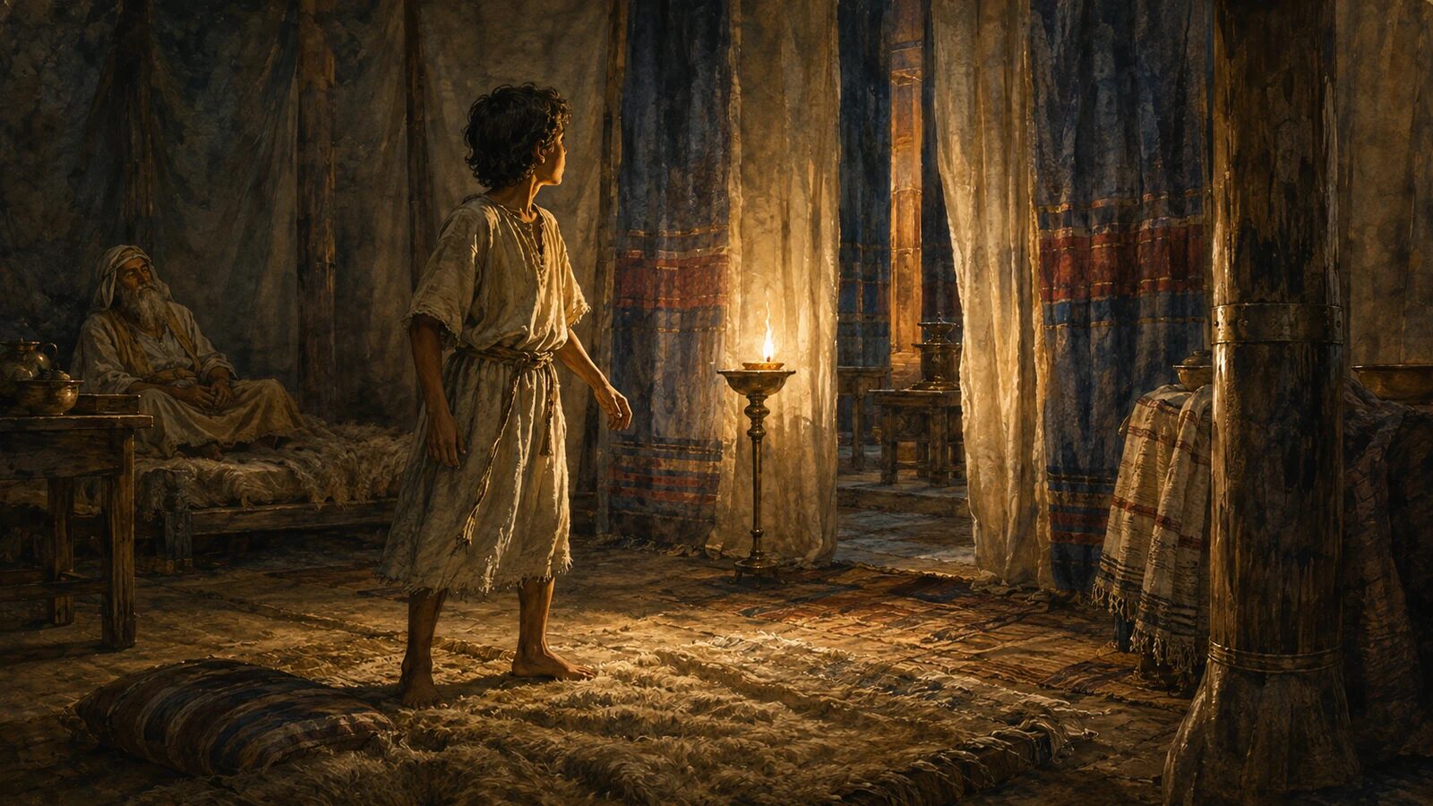 Samuel Hears the Word of the LORD Young Samuel listens beside the lamp in the tabernacle at Shiloh.