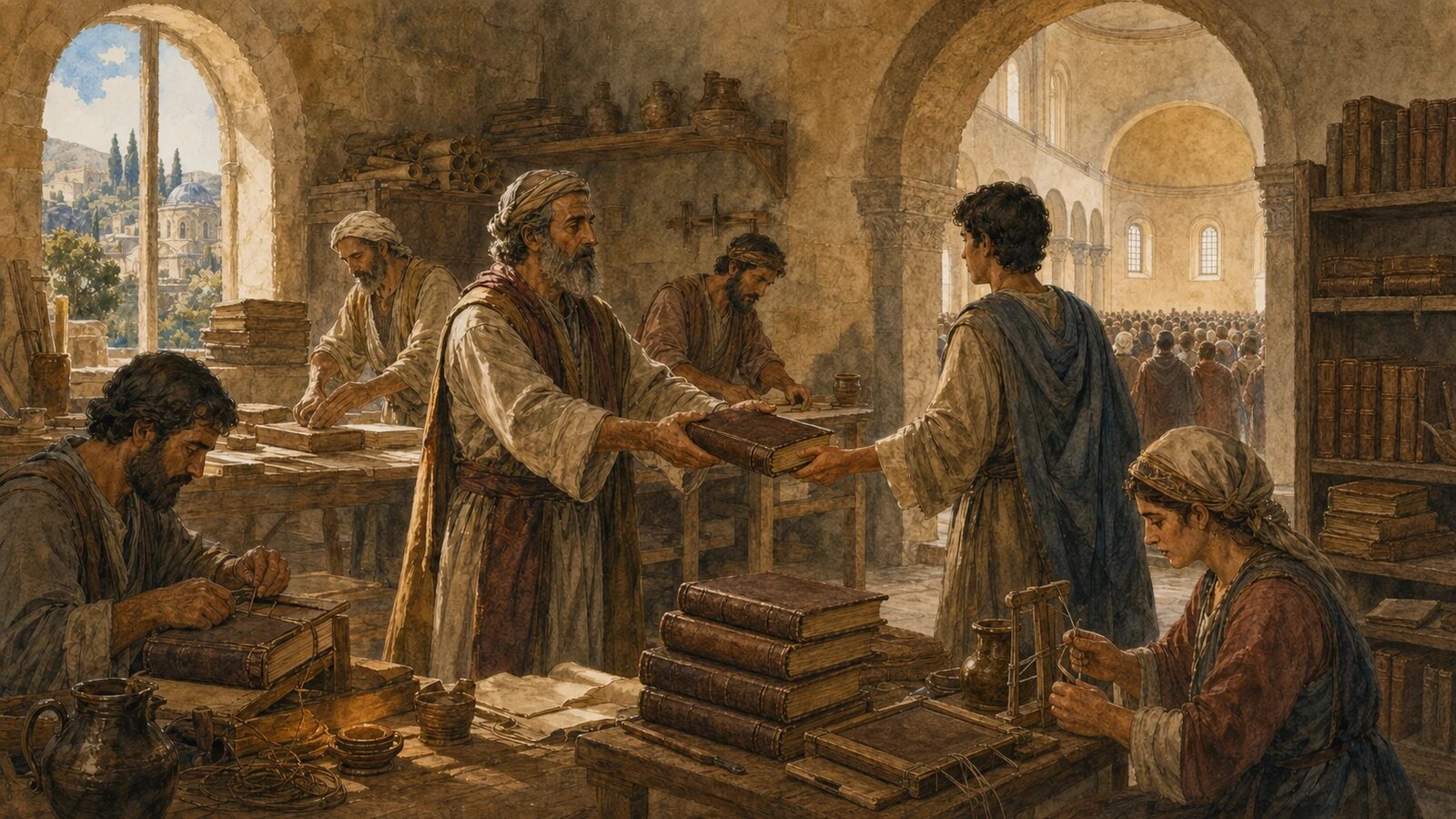 Byzantine scribes bind and pass a closed New Testament codex to the church.