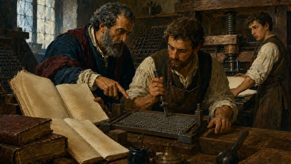 A Reformation-era scholar checks received manuscripts against movable type before printing