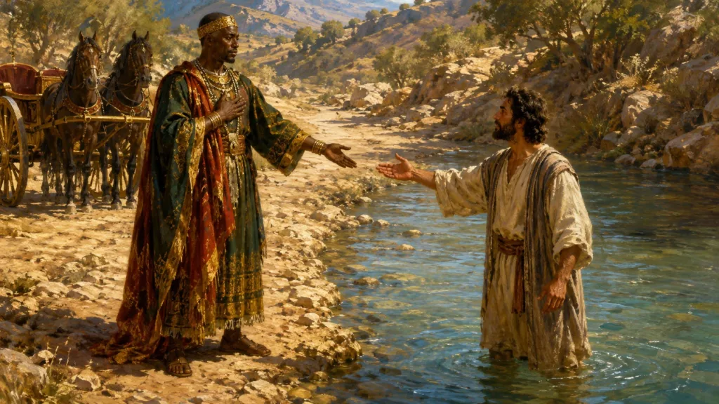 The Ethiopian official confesses faith before entering the water for baptism