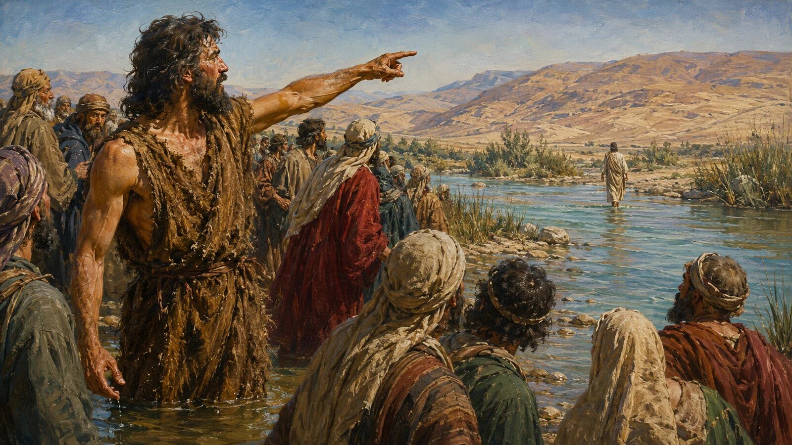 John the Baptist Points the Crowd to Jesus John the Baptist points the crowd toward Jesus approaching at the Jordan