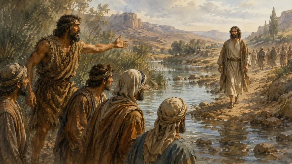 John the Baptist points his disciples toward Jesus beside the Jordan River.