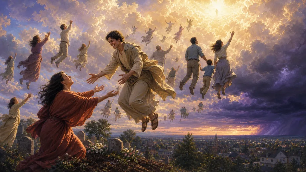 Believers rise together to meet the Lord before the distant storm of judgment
