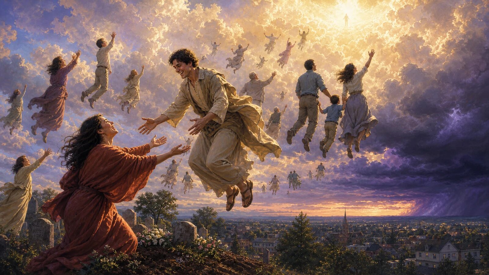 Pre-Tribulation Rapture Before the Coming Wrath Believers rise together to meet the Lord before the distant storm of judgment