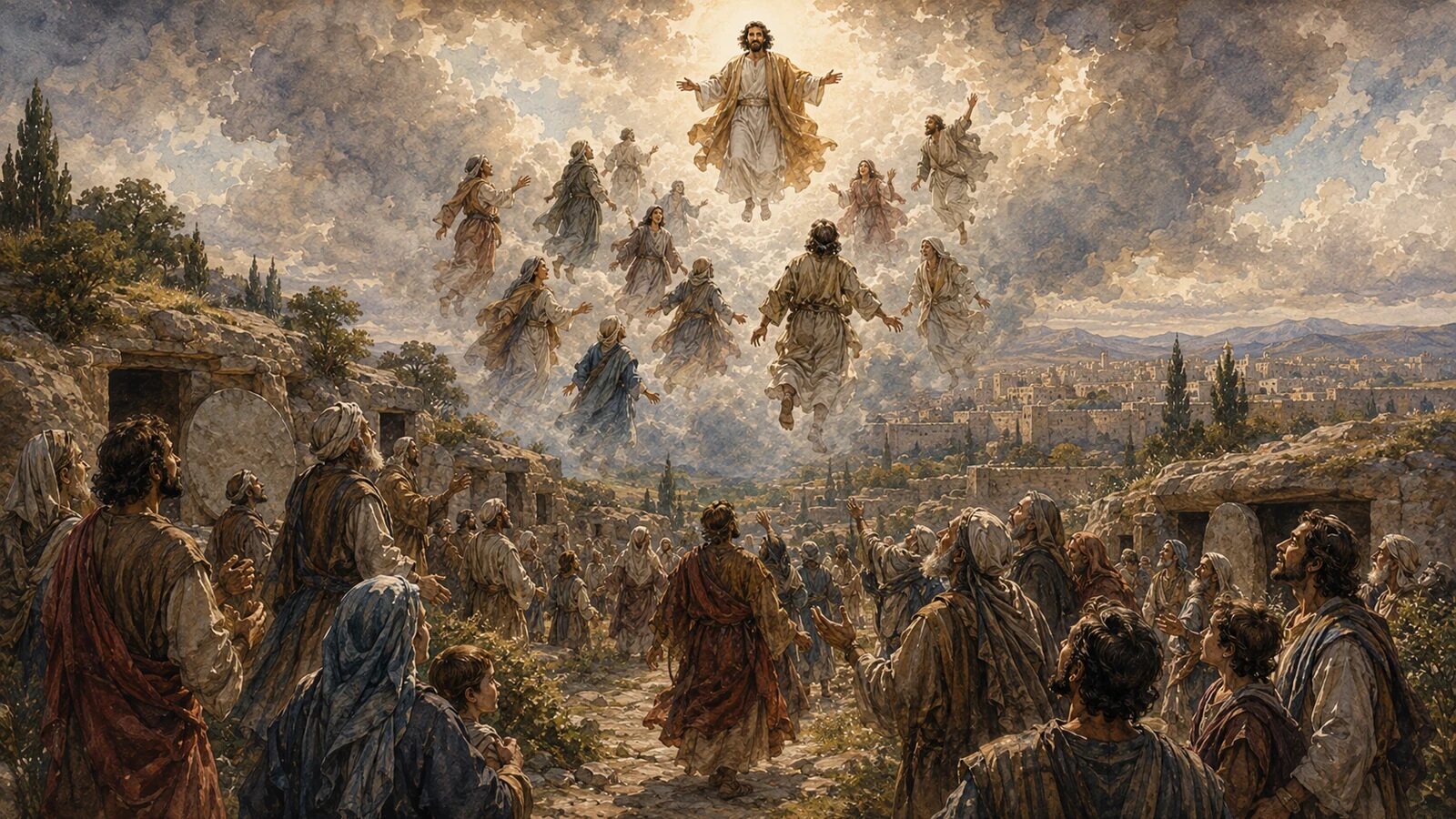 Believers rise to meet Jesus above first-century Thessalonica.