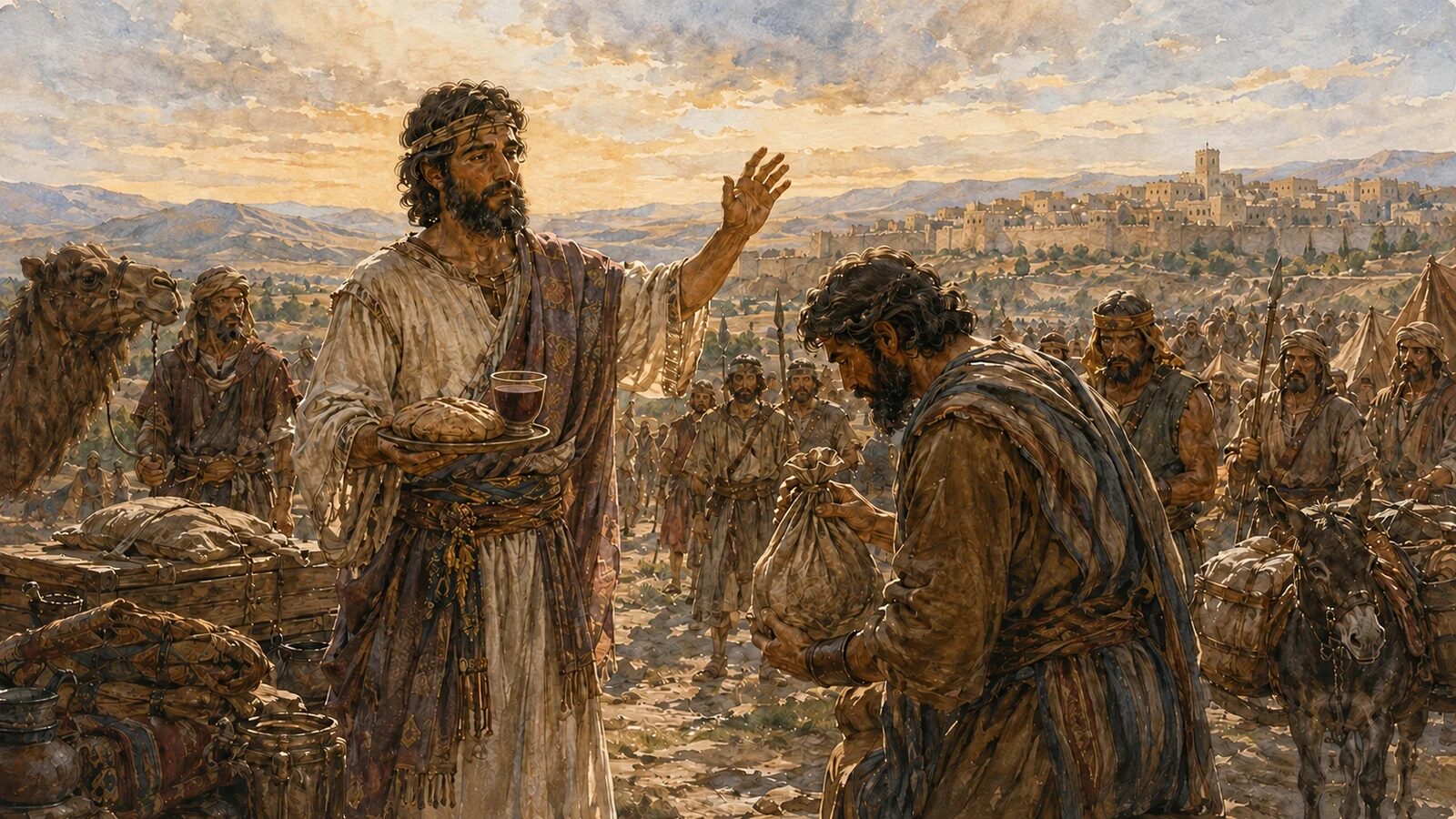 Melchizedek Featured Artwork Corrected Melchizedek blesses Abram while holding a supported tray with bread and wine near Salem
