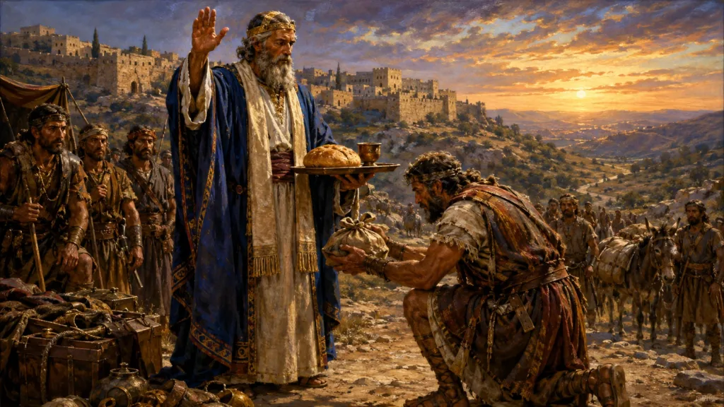 Melchizedek offers bread and wine and blesses Abram after the battle