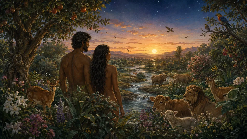 Adam and Eve look across the peaceful garden at the first evening.