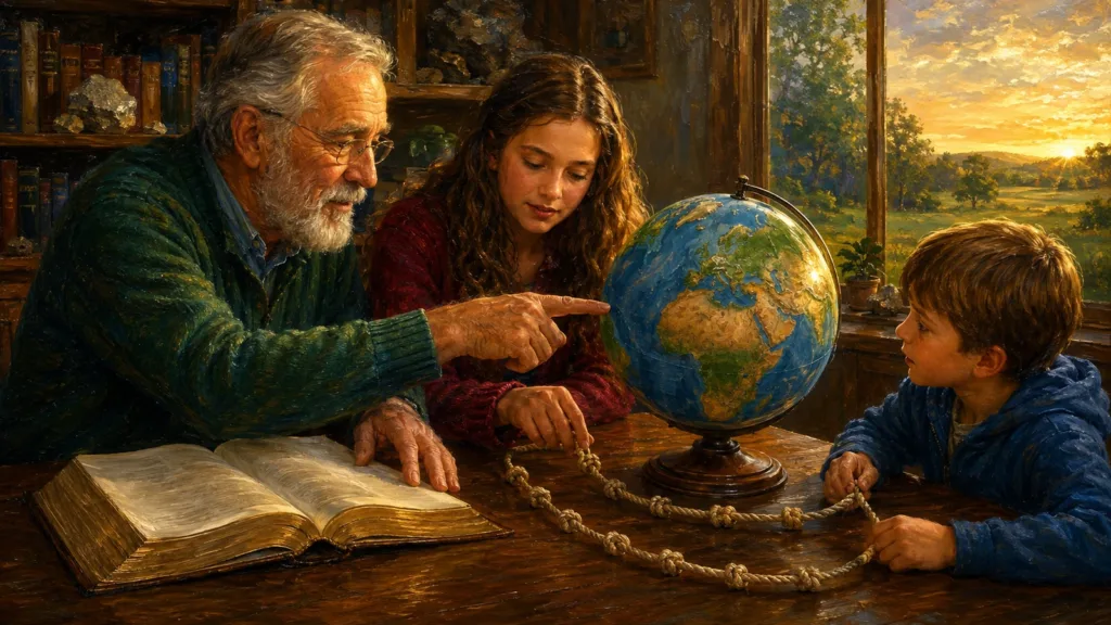 Three generations study the Bible beside a globe and a knotted lineage cord