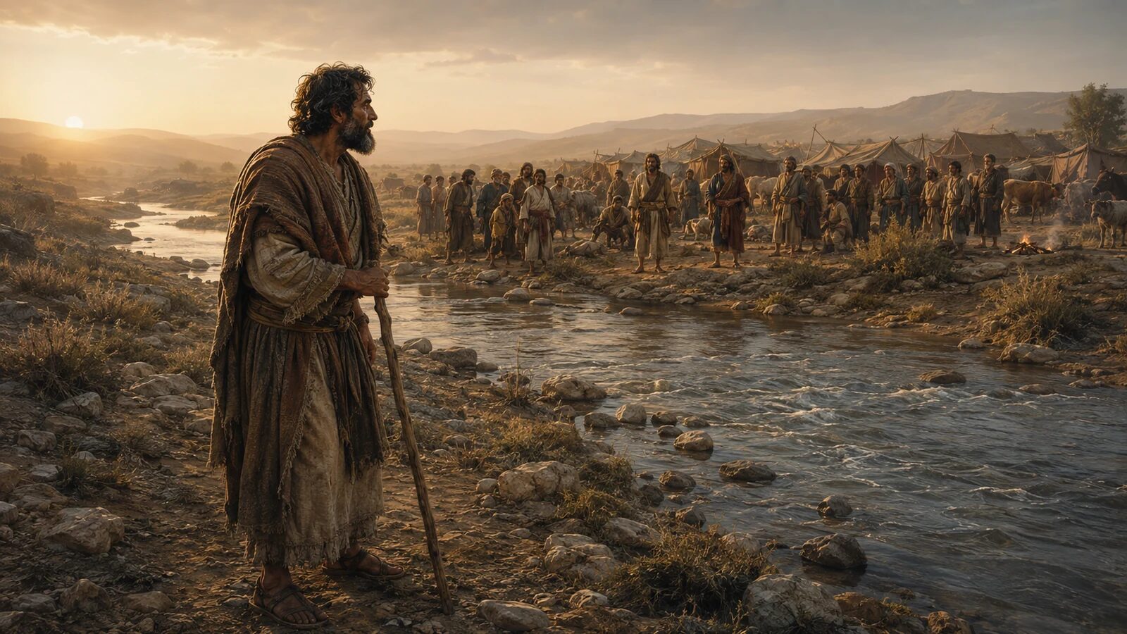 Jacob, newly named Israel, looks across the Jabbok toward his twelve sons at dawn