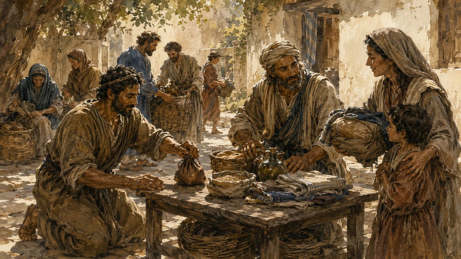 First-century believers freely prepare food, cloth, and money to help a mother and child
