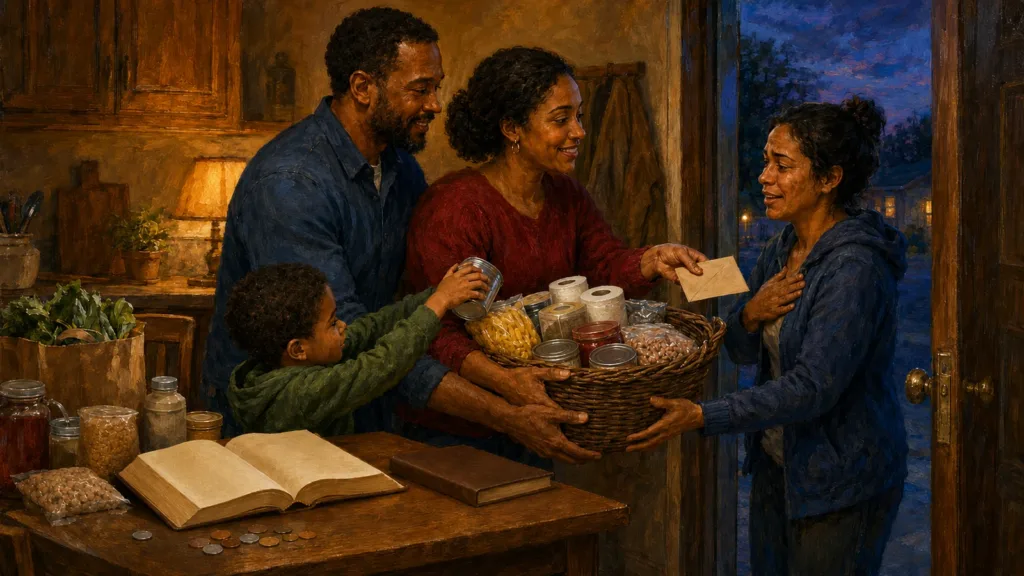 A Christian family gives groceries and practical help to a neighbor in need