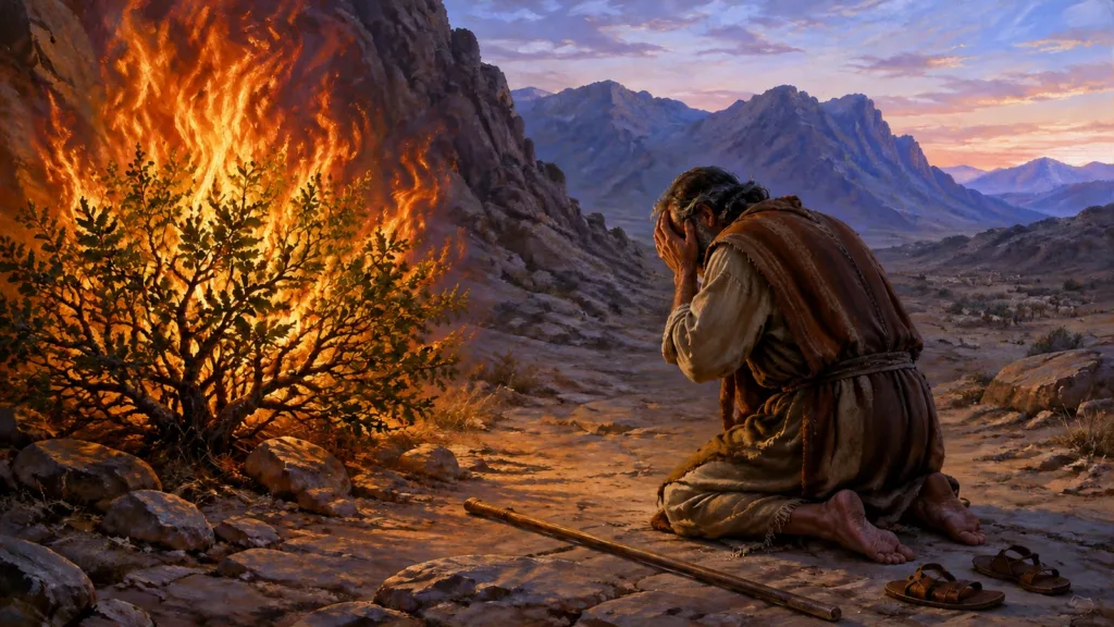 Barefoot Moses hides his face before the living burning bush at Horeb