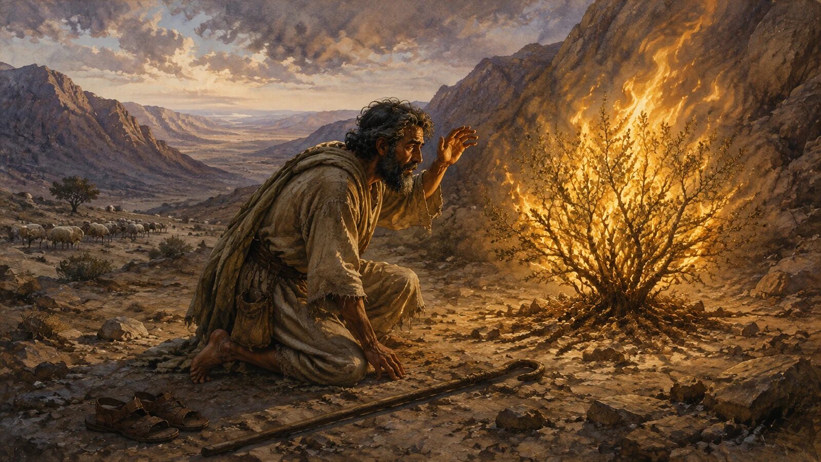 Moses kneels barefoot before the burning bush in the wilderness at Horeb