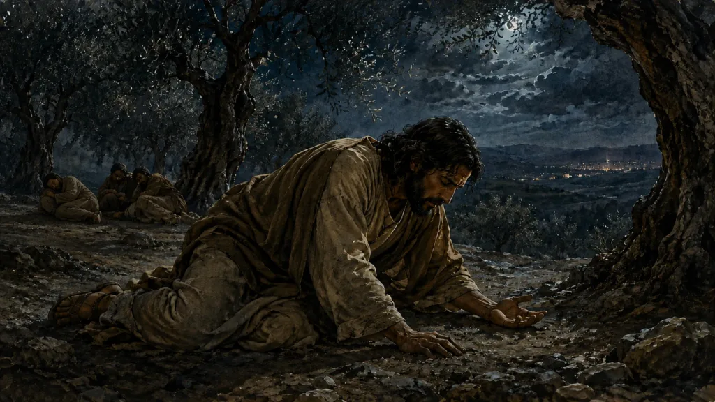 Jesus prays in Gethsemane while Peter, James, and John sleep nearby