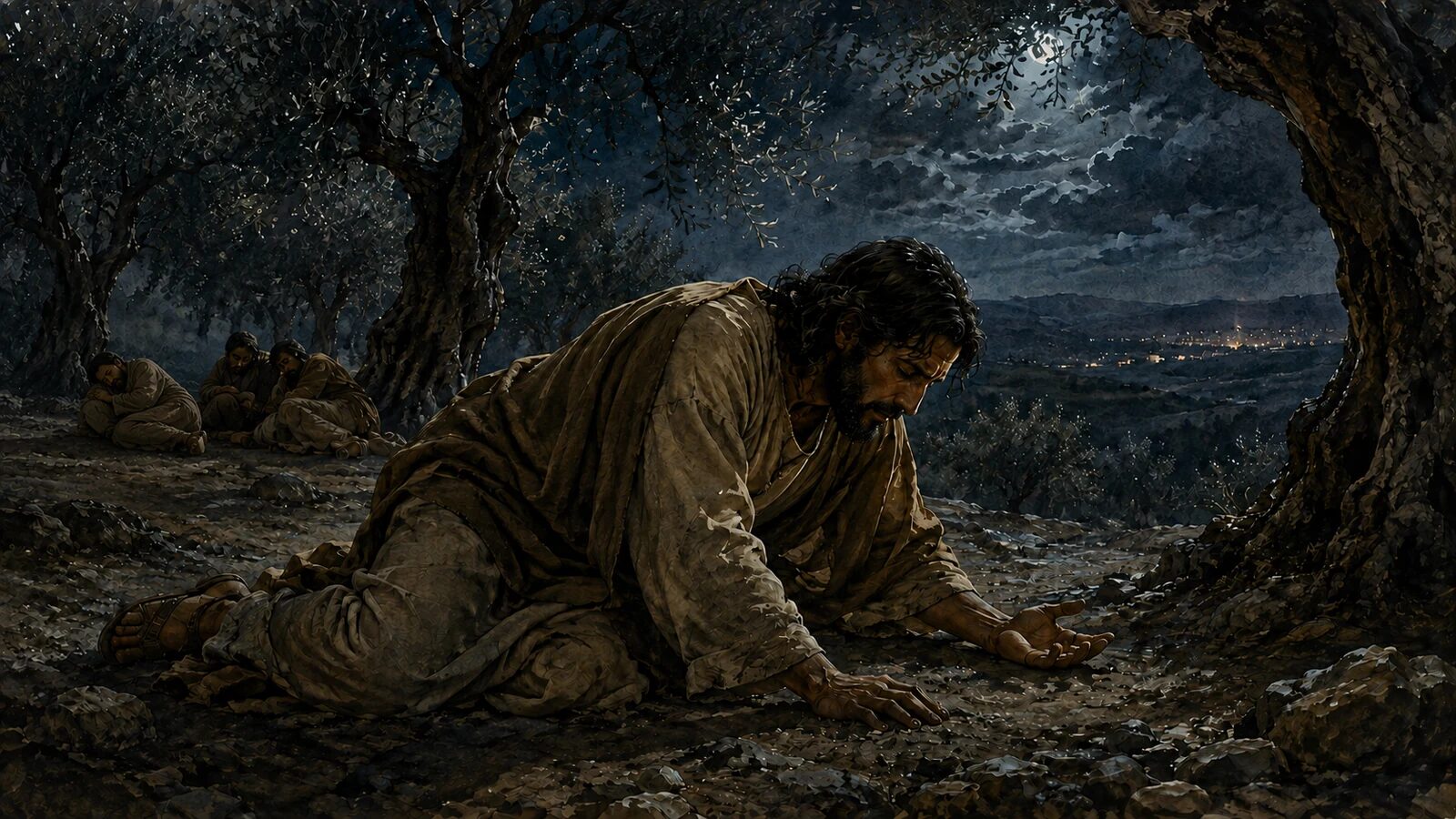 What the Bible Teaches About Prayer Featured Artwork Jesus prays in Gethsemane while Peter, James, and John sleep nearby