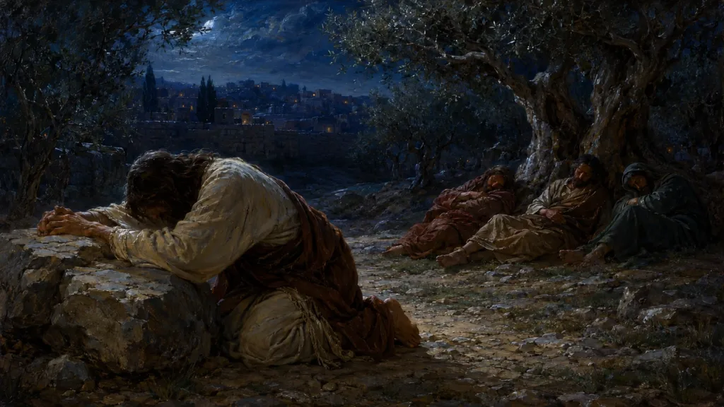 Jesus bows in prayer in Gethsemane while three disciples sleep beneath an olive tree