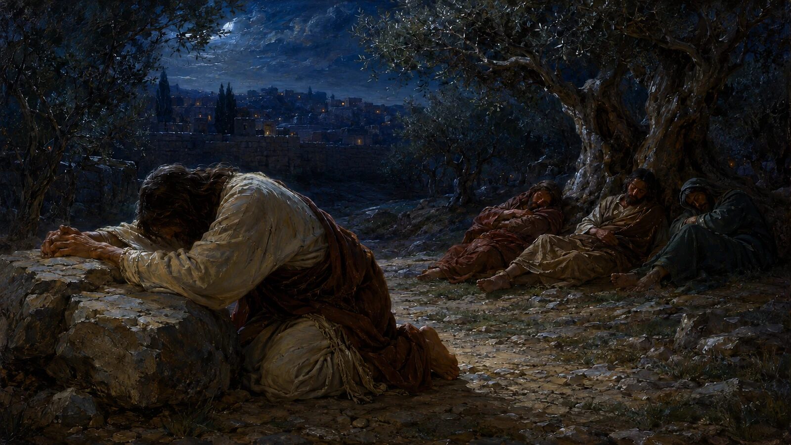 Jesus bows in prayer in Gethsemane while three disciples sleep beneath an olive tree