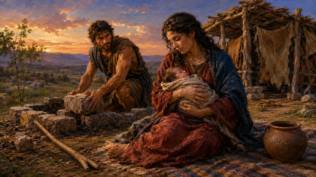 Cain builds a modest settlement while his wife cradles their newborn son Enoch
