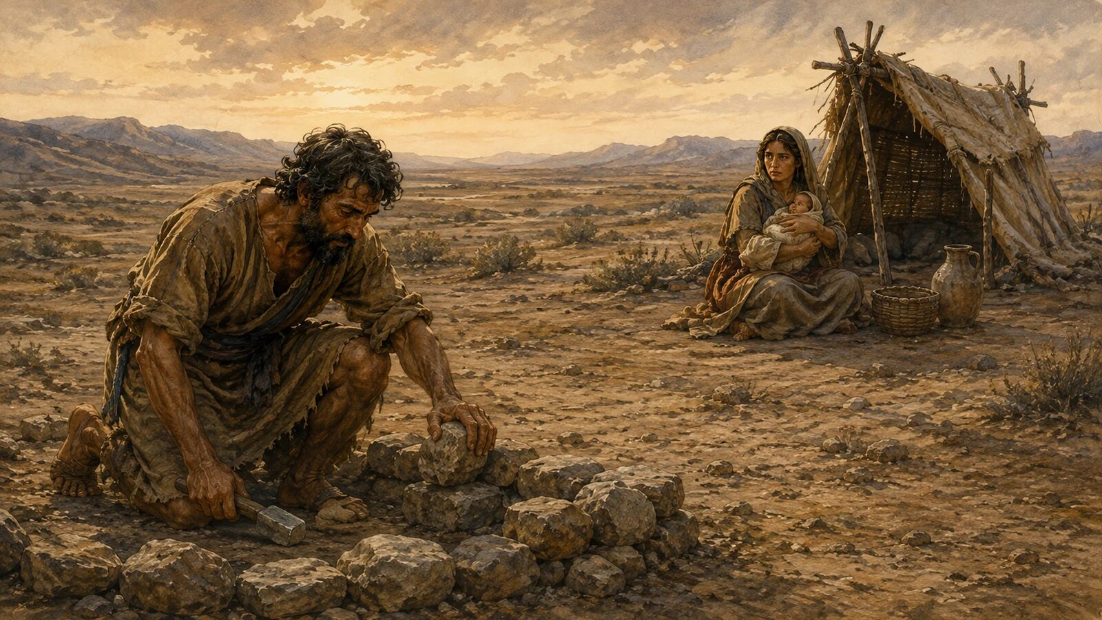 Cain builds a small settlement in Nod while his unnamed wife holds their infant son Enoch