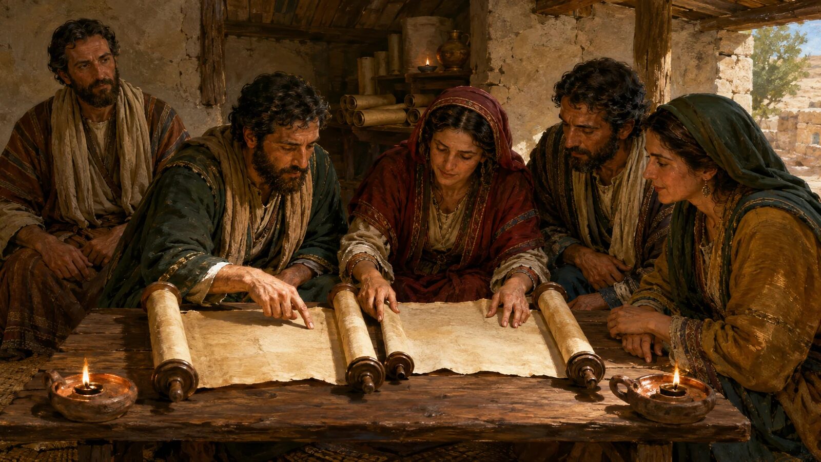 The Bereans Search the Scriptures Carefully Berean readers compare two Scripture scrolls while a visiting teacher waits