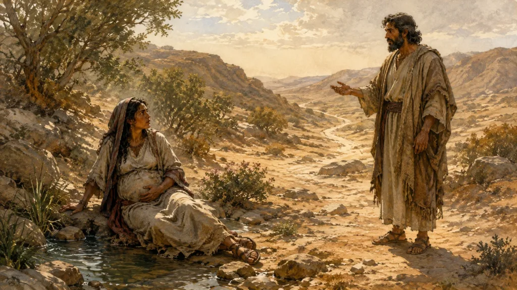 The Angel of the LORD speaks to Hagar beside a wilderness spring.