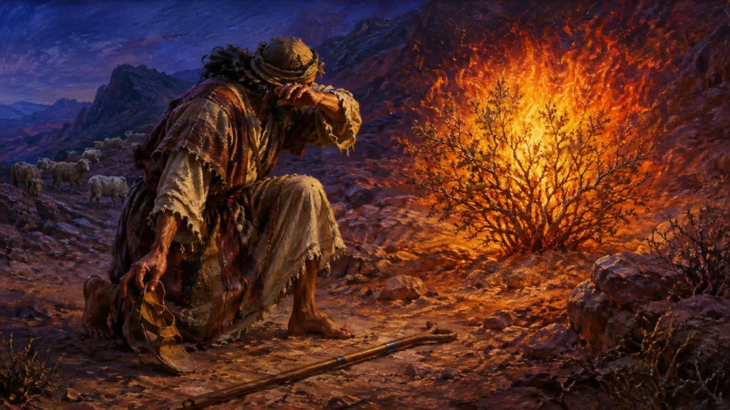 Moses removes his sandal before the burning bush at Horeb