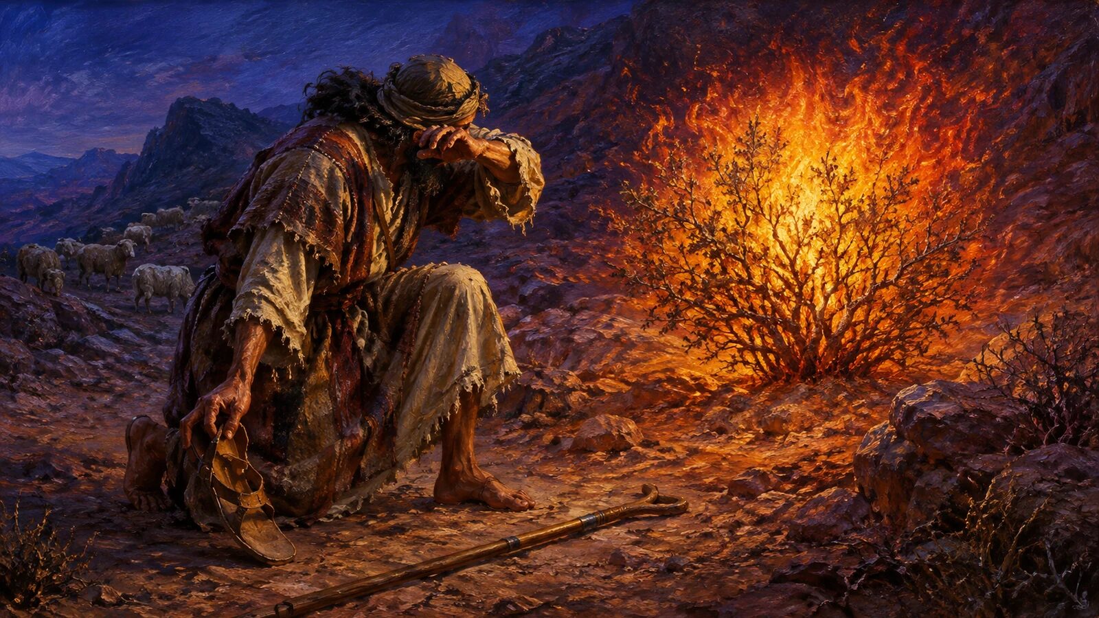 Moses removes his sandal before the burning bush at Horeb