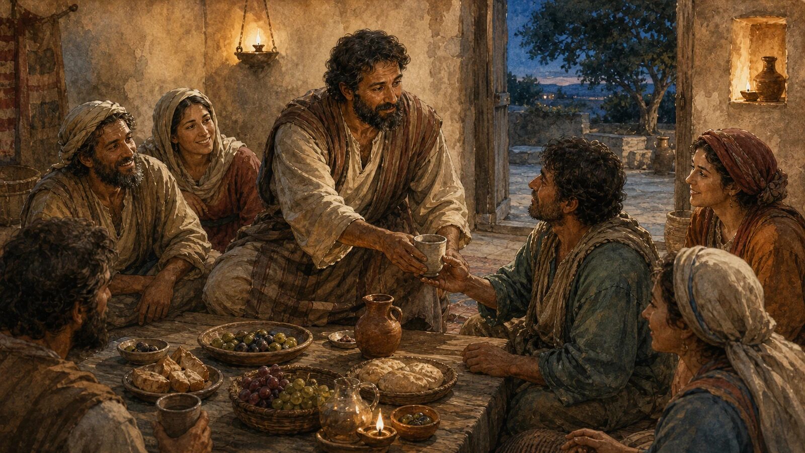 A first-century Christian host offers water at a shared meal.