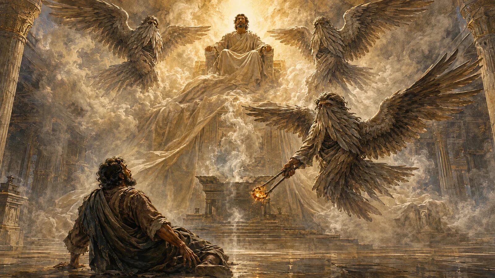 Isaiah falls before the enthroned Lord as a seraph approaches with a burning coal