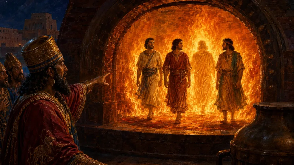 Nebuchadnezzar sees a fourth man walking with the three Hebrews in the furnace