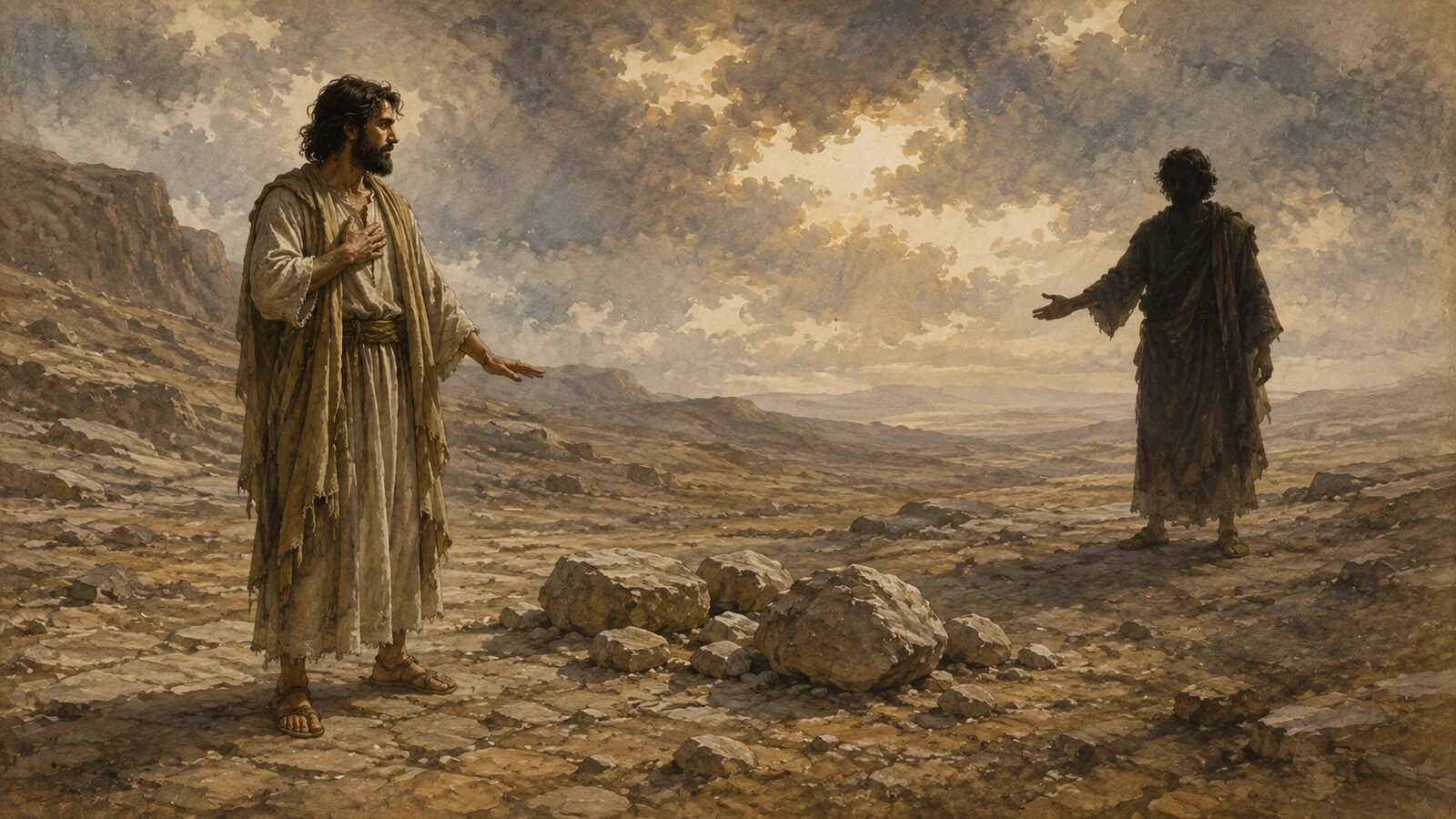 Testing vs. Temptation: Jesus in the Wilderness Jesus refuses temptation in the Judean wilderness as stones lie between Him and the tempter