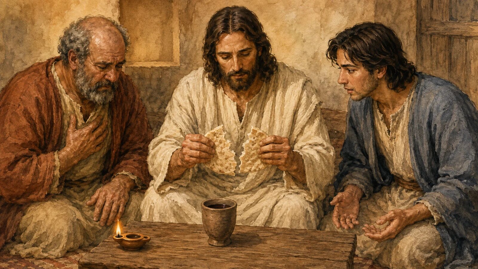 Jesus breaks bread as two distinct disciples respond solemnly at the Last Supper