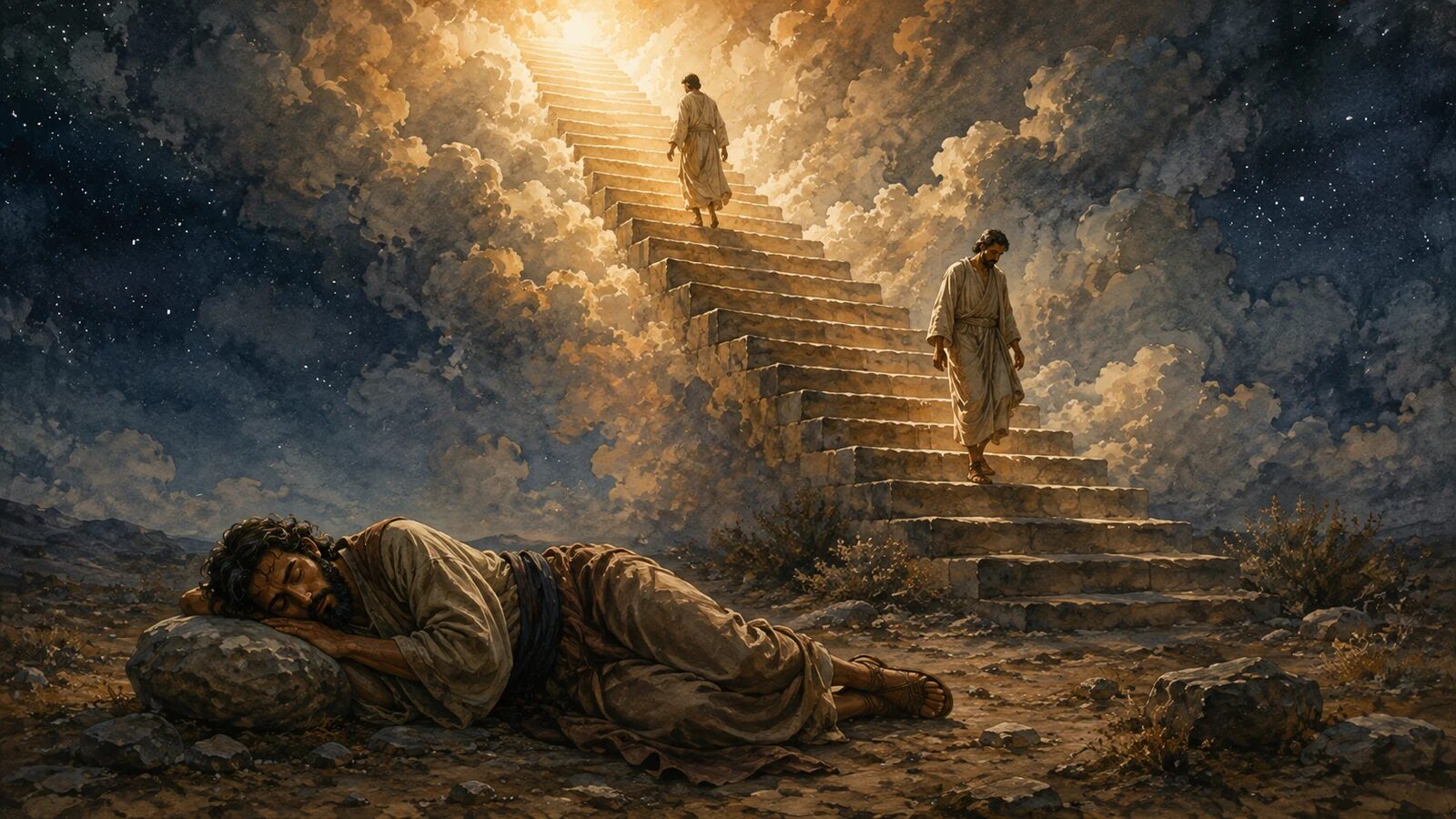 Jacob sleeps beside a stone as two angels ascend and descend an earth-set stairway