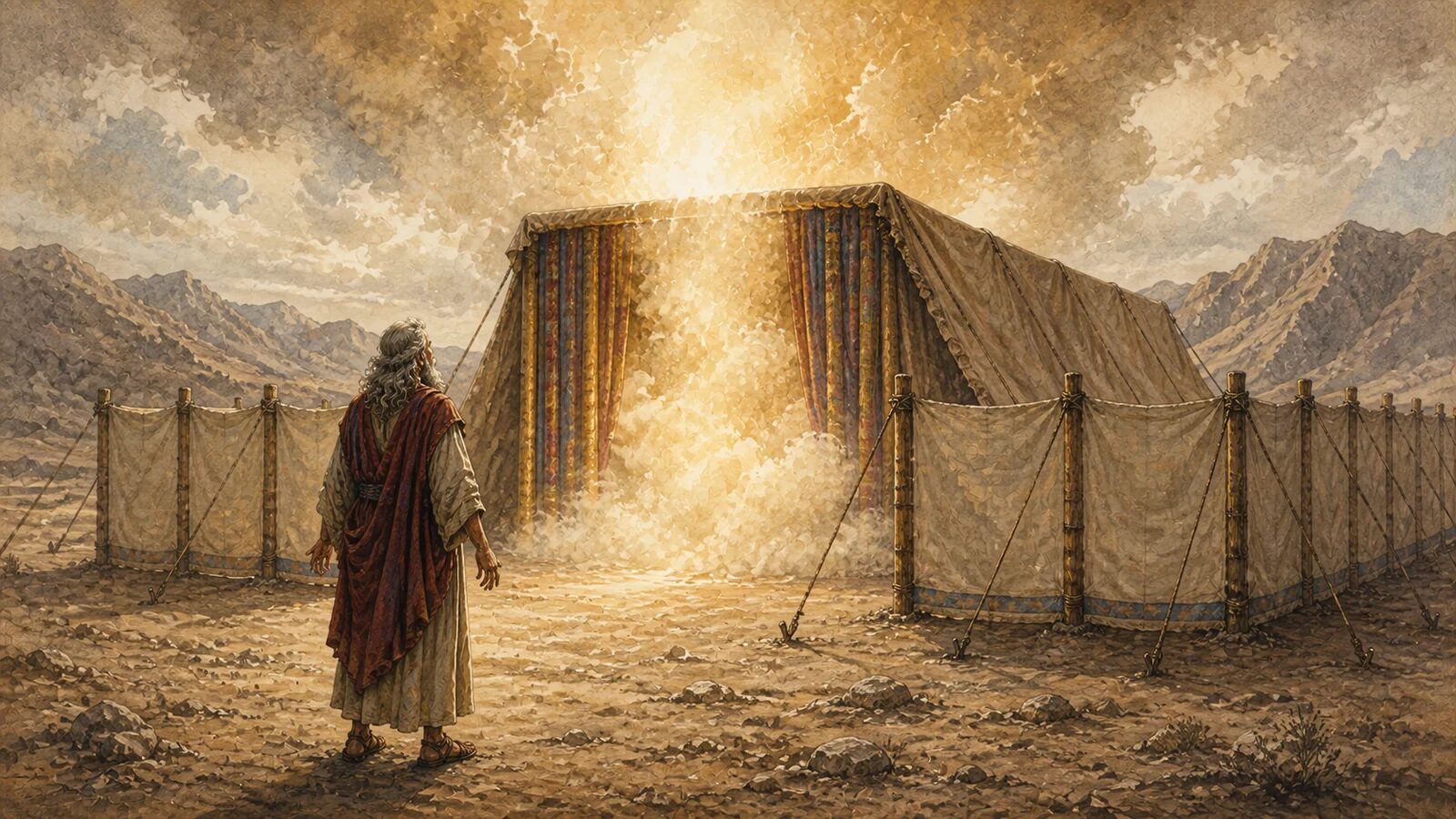Moses stands outside as luminous cloud fills the completed wilderness tabernacle