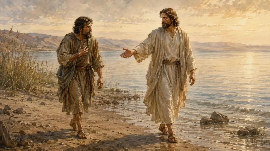 The risen Jesus calls a humbled Peter to follow Him beside the Sea of Galilee