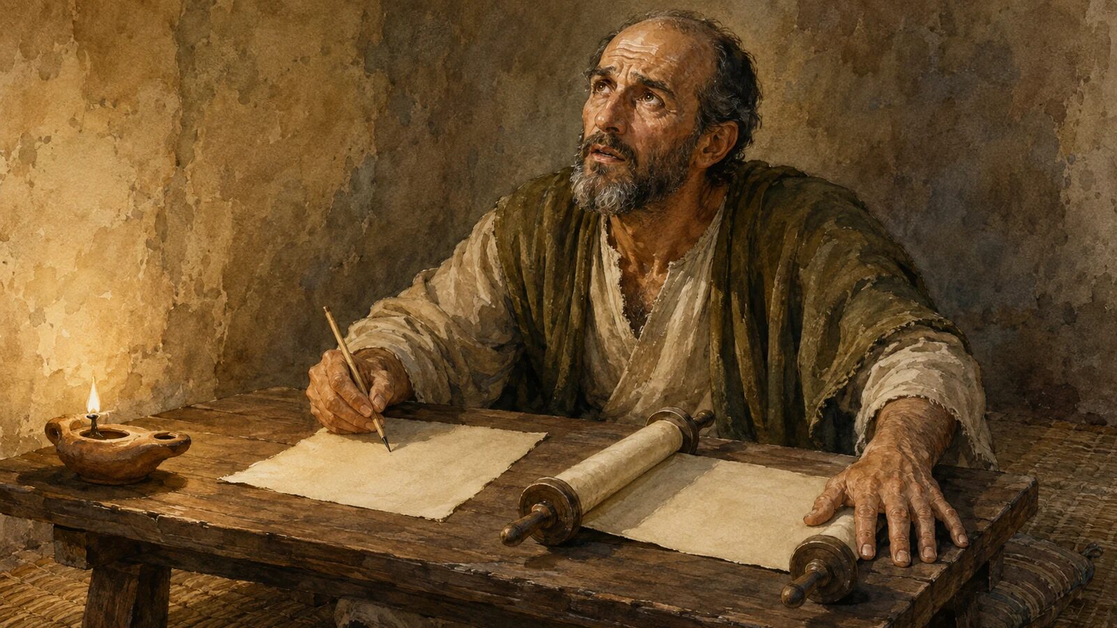 Paul Pauses in Prayer Before Writing A balding Paul pauses in prayer with a reed pen above blank parchment and an open Scripture scroll