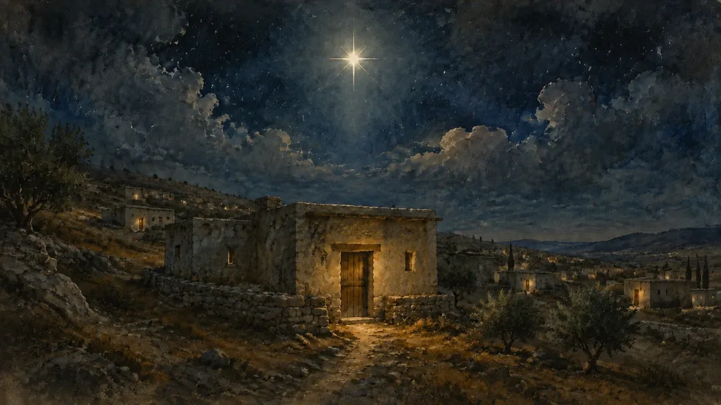 A special star-like light stands over a modest house in first-century Bethlehem