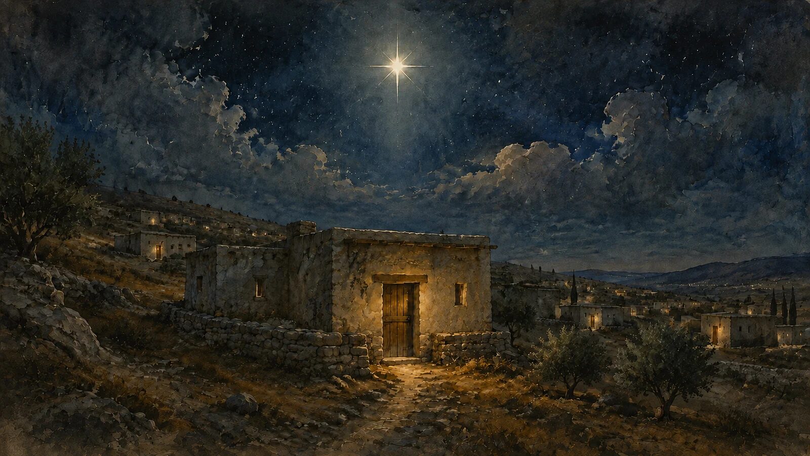 A special star-like light stands over a modest house in first-century Bethlehem