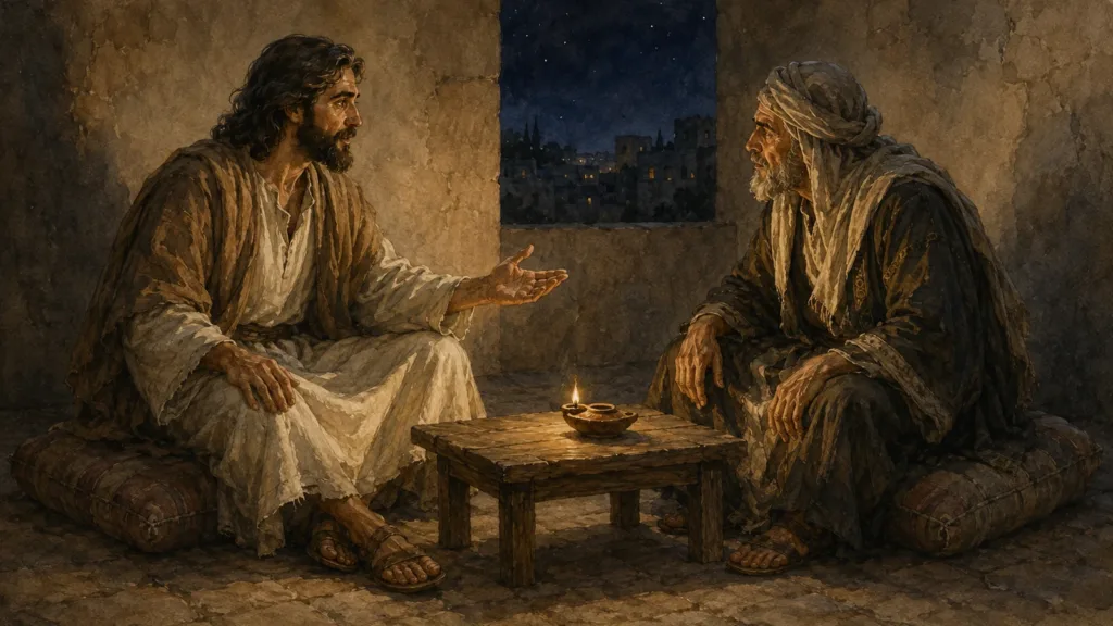 Jesus teaches a searching Nicodemus by lamplight during their nighttime conversation