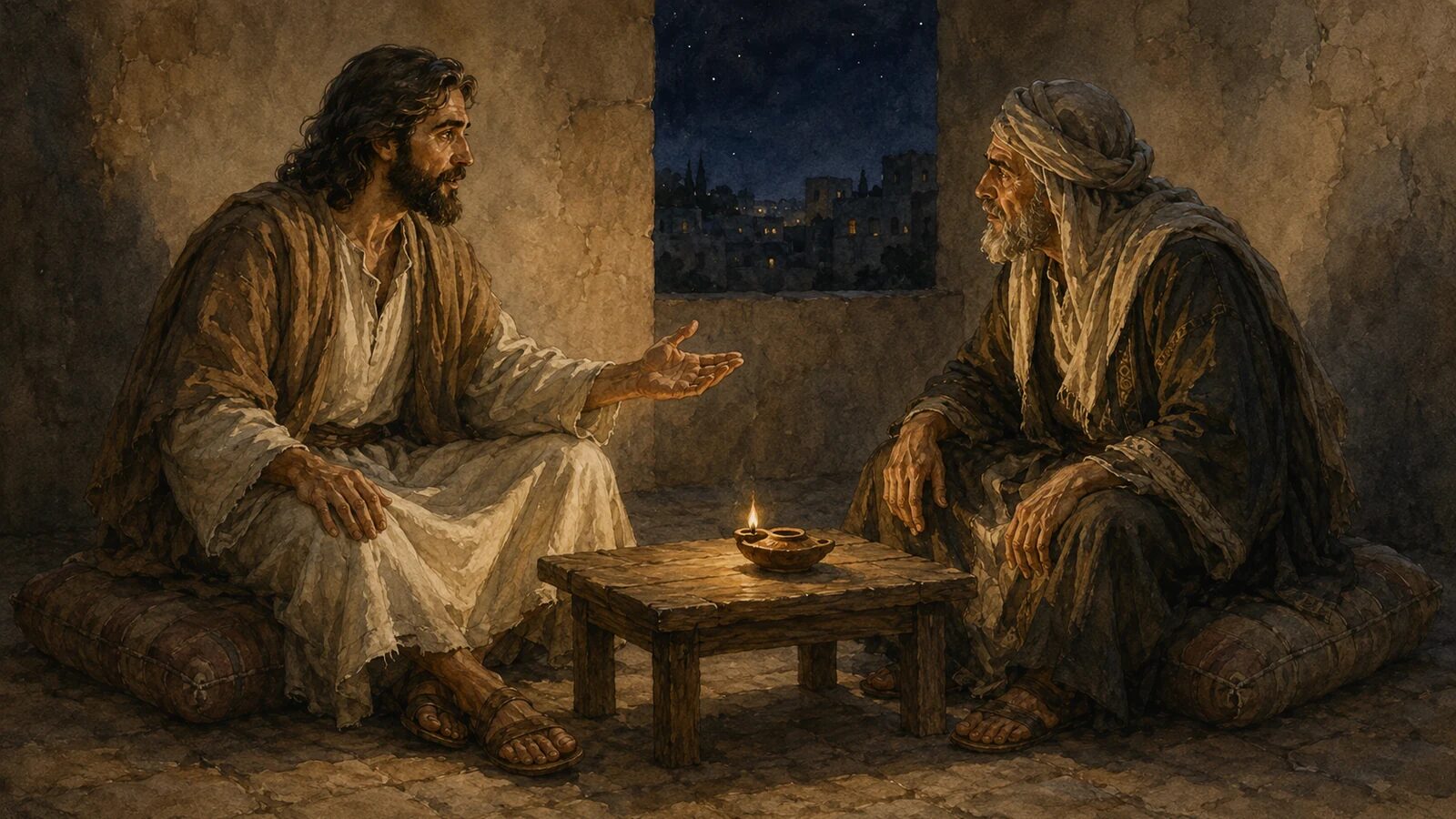 Jesus Teaches Nicodemus About New Birth Jesus teaches a searching Nicodemus by lamplight during their nighttime conversation