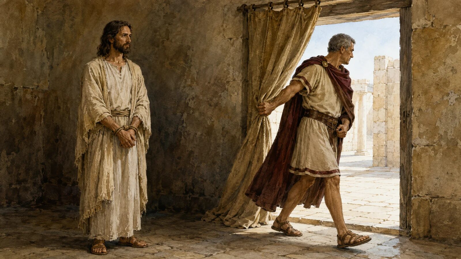 Pilate turns away from the bound Jesus after asking what is truth