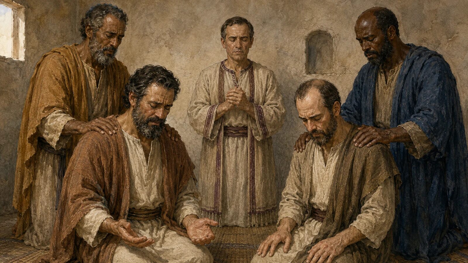 The Antioch teachers pray and lay hands on Barnabas and Saul after the Holy Spirit calls them