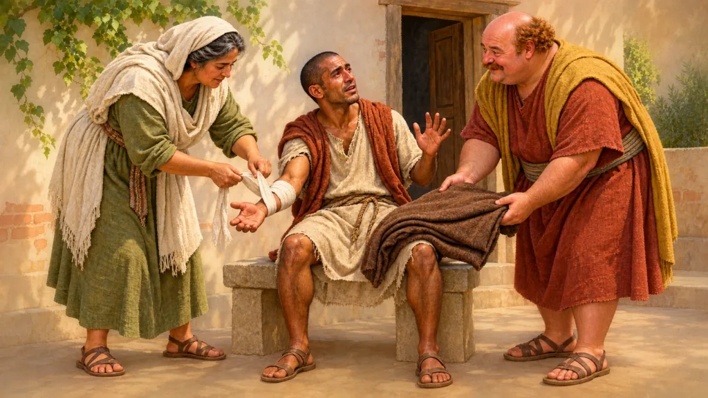 Two believers use mercy and giving to care for an injured laborer