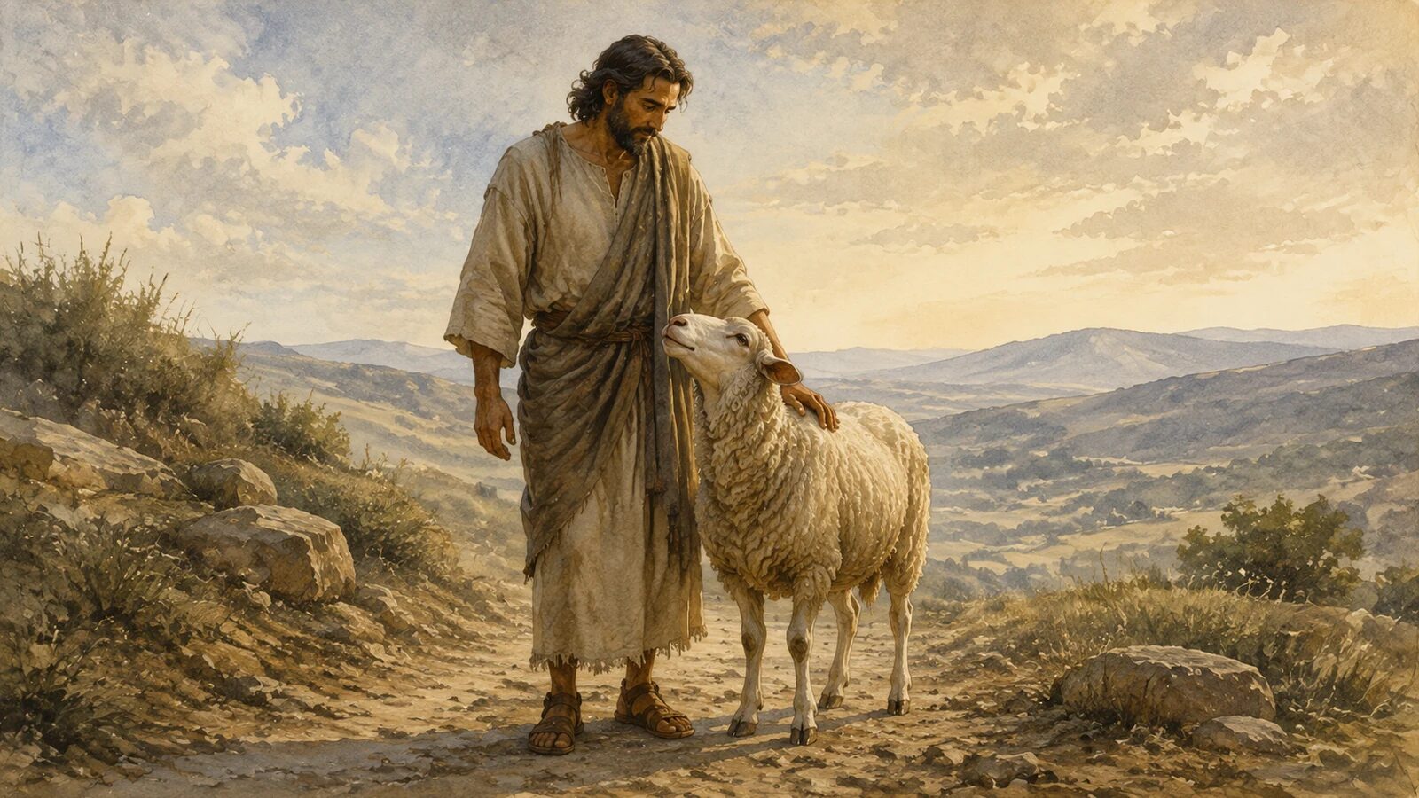 Jesus stands protectively beside one sheep in a quiet hillside scene