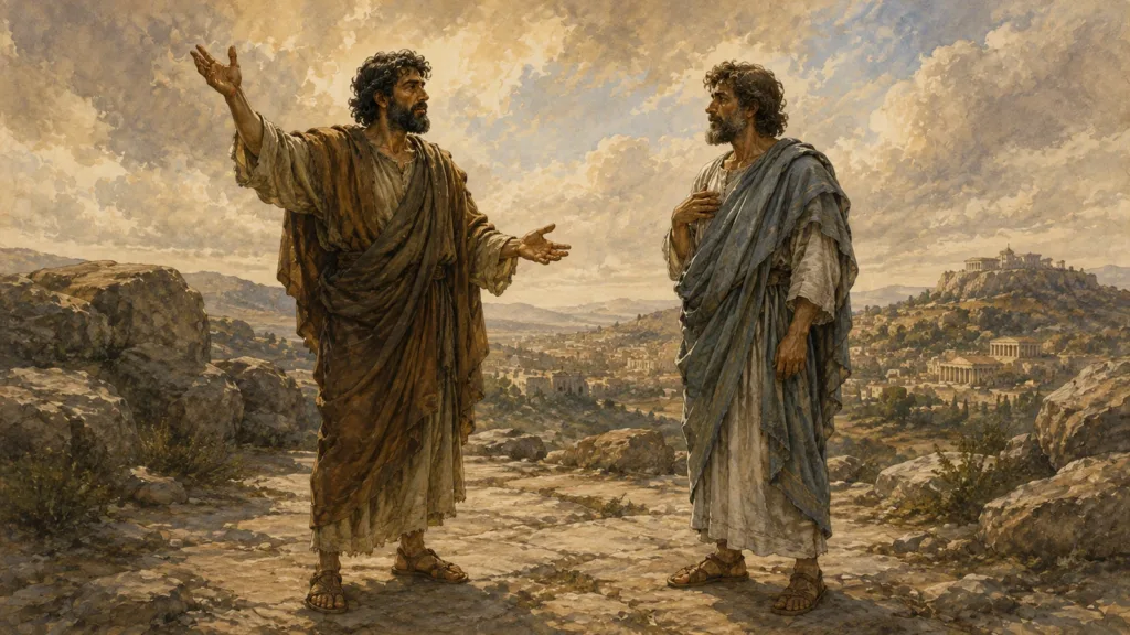 Paul reasons with an Athenian philosopher at the Areopagus