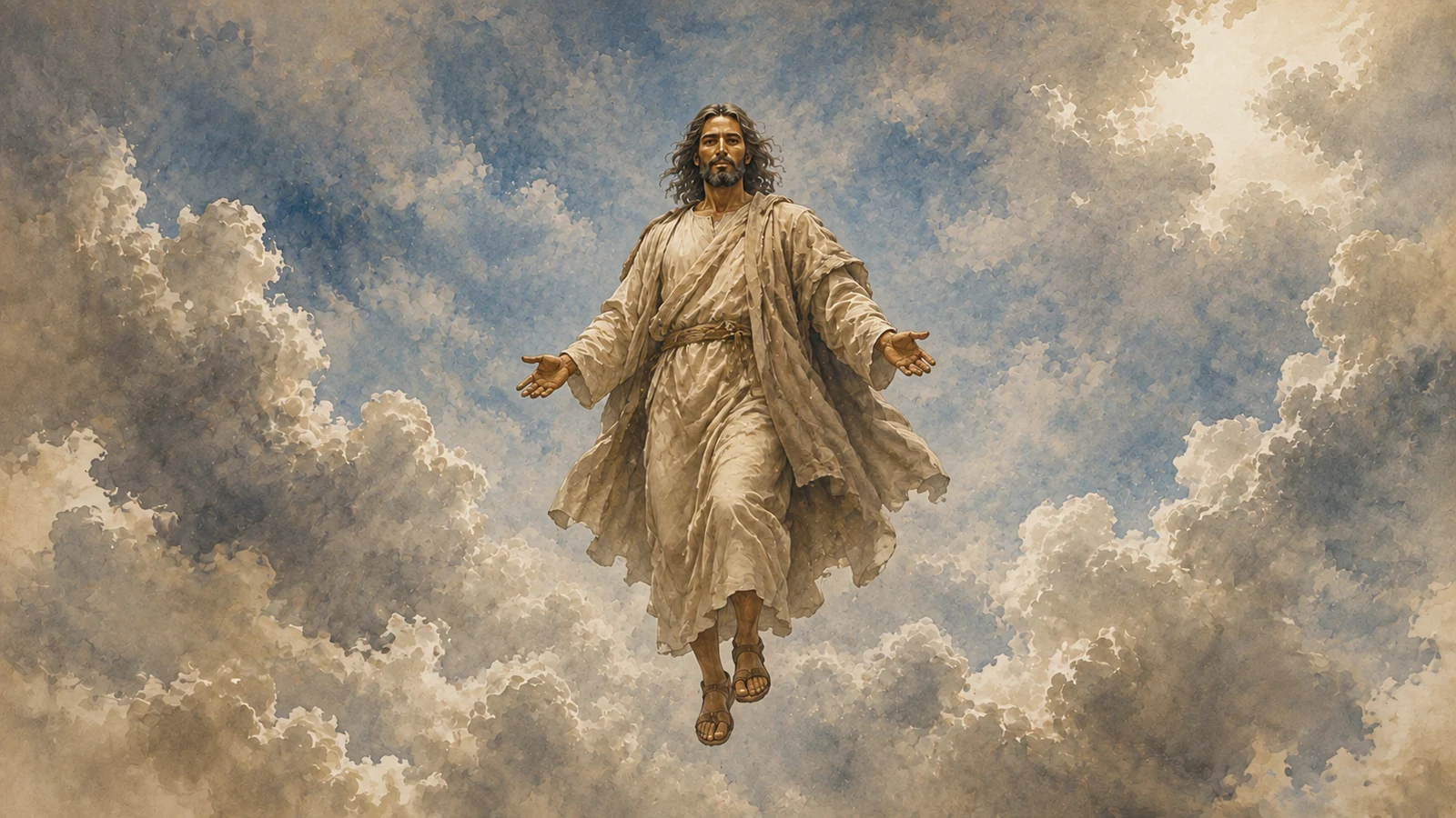 Jesus begins His descent through the clouds before gathering His church