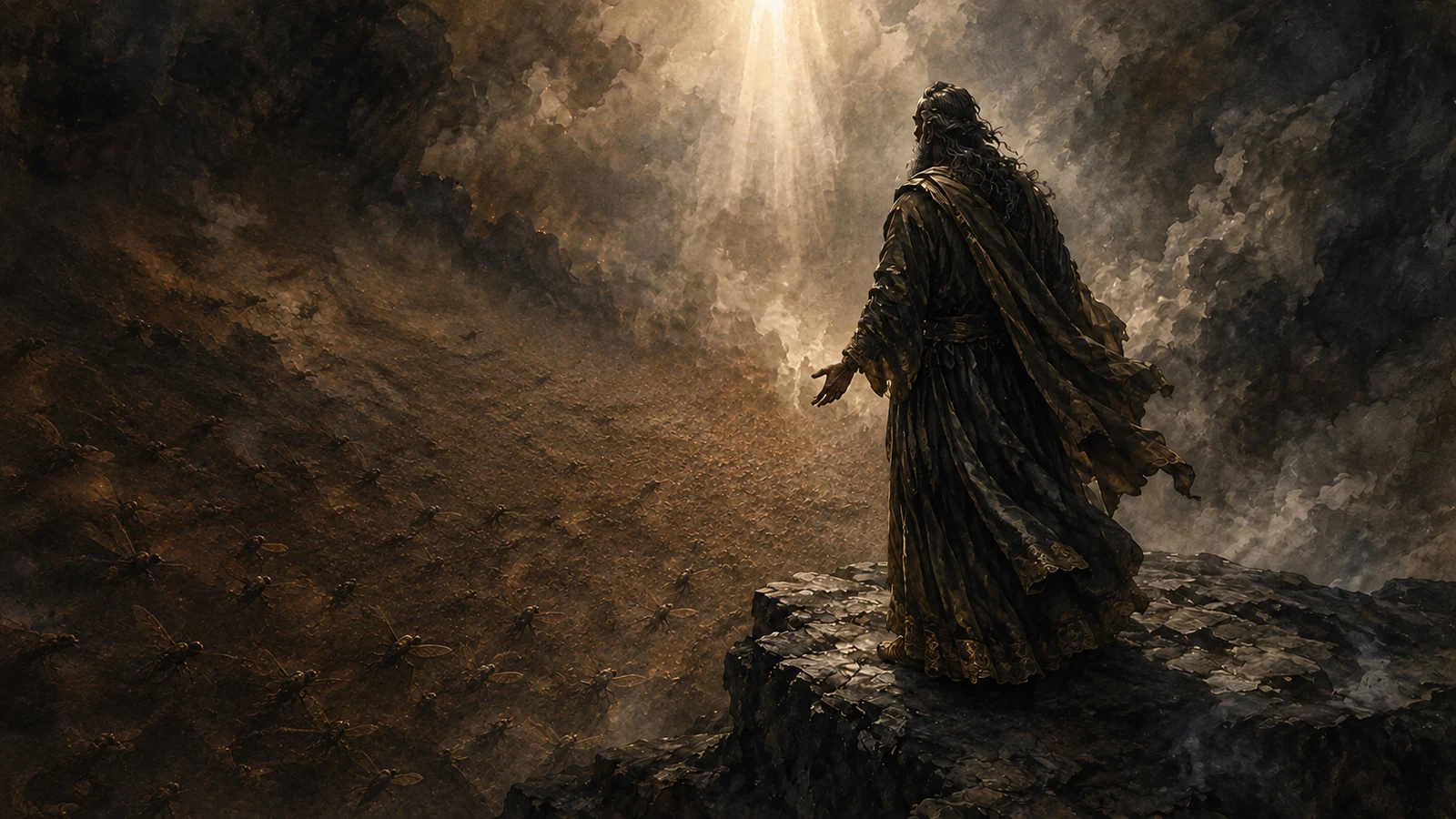 Apollyon standing above the locust-like horde rising from the abyss